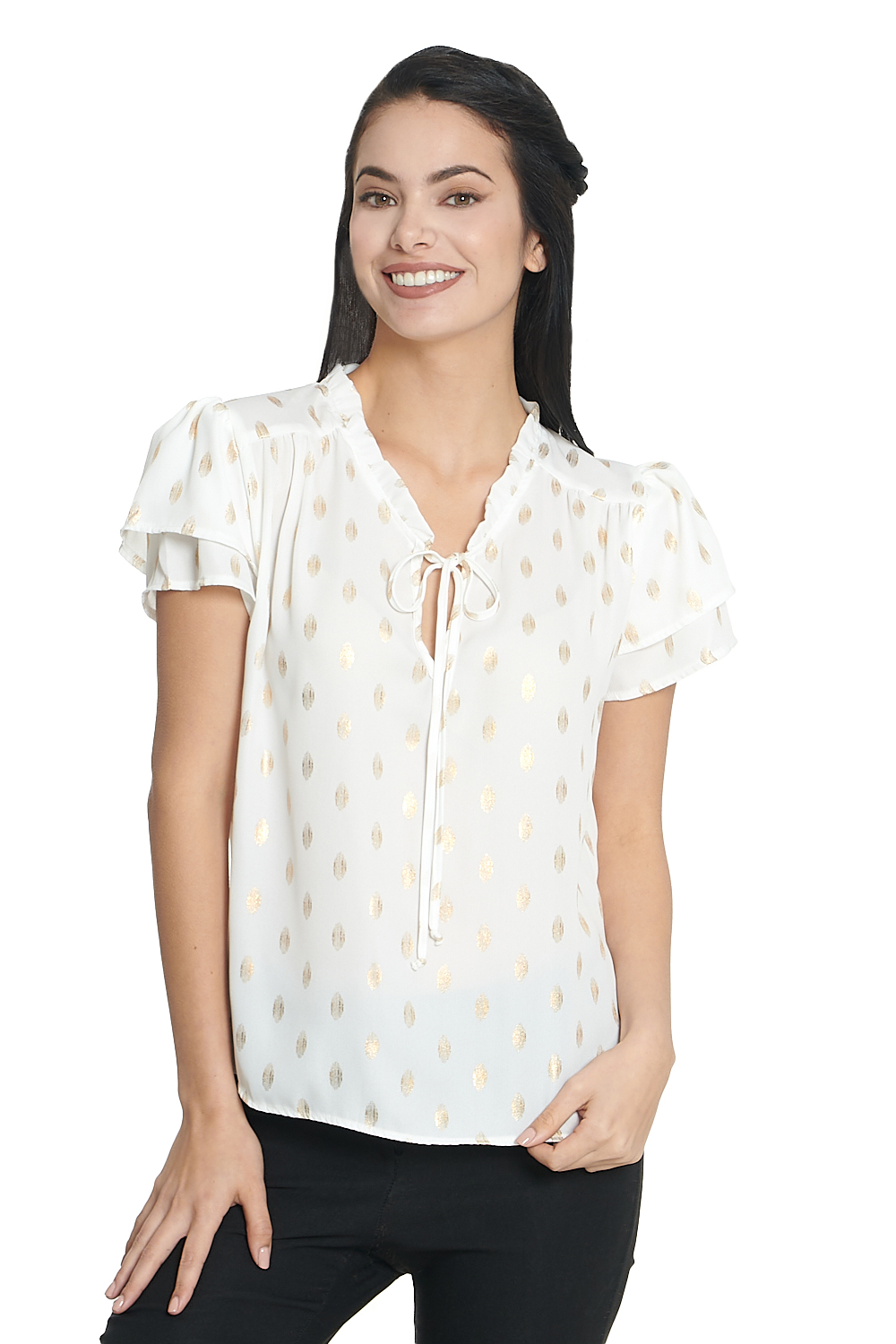 Blusa Blanca Con Escarolas Manga Corta