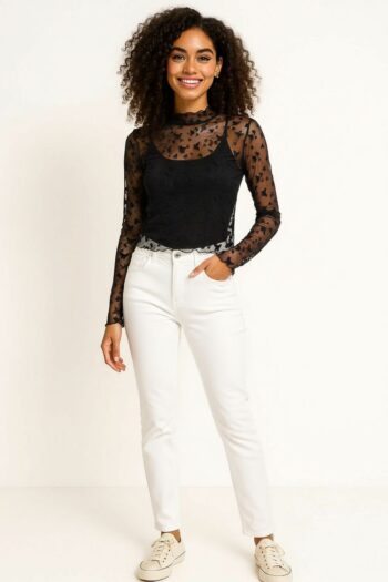 BLUSA MESH MANGA LARGA FESTONEADA