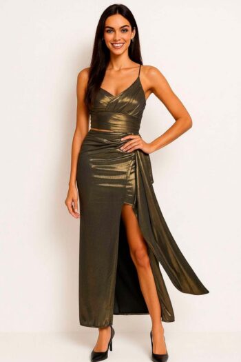 VESTIDO LARGO DRAPEADO CON DETALLE DE TIRANTES