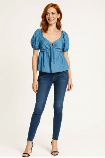 BLUSA MANGA ABULLONADA CON LAZO