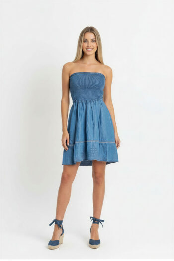 VESTIDO CORTO STRAPLESS CON SMOCK
